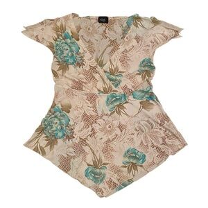 Y2K Celeste Mode Women’s Cream V Neck Floral Fairy Flowy Short Sleeve Shirt S/M